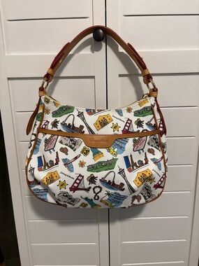 Dooney & Bourke White Multi-Color City Print Shoulder Bag with Tan Trim